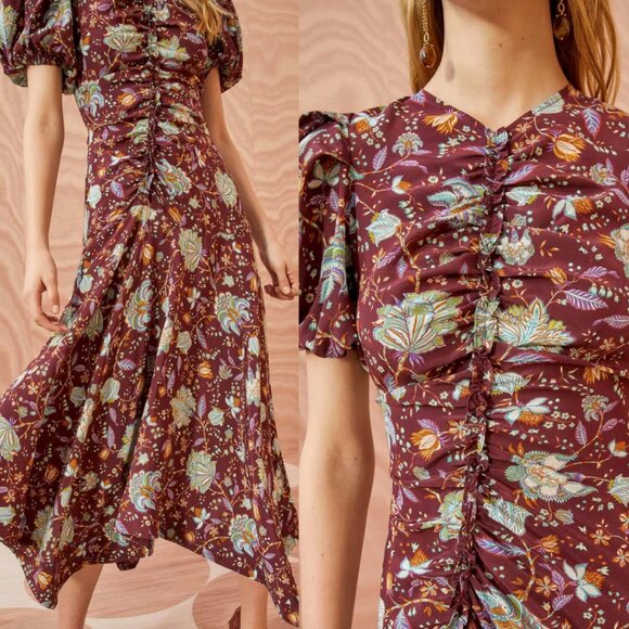Ulla Johnson Dress Silk Floral Puff Sleeve Red Ruched Heleen Midi Dress Size 0 - Picture 6 of 9